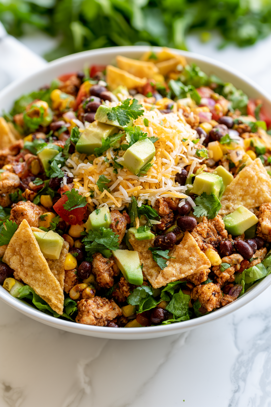 Divide salad into individual bowls and top with taco chicken mixture